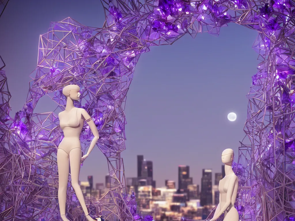 Image similar to beautiful mannequin sculpted out of amethyst by billelis + lit with 3 d geometric neon + facing a doorway opening with neon pink geometric fractal light + flowering hosta plants!!!, moon + city of los angeles in background!! dramatic, rule of thirds, award winning, 4 k, trending on artstation, photorealistic, volumetric lighting, octane render