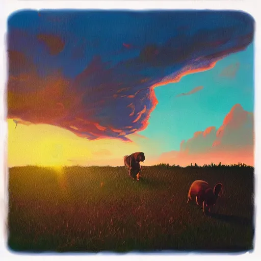 Image similar to a dachshund, surreal photography, cannabis field, sunset on a summer day light, impressionist painting, colorful clouds, blue sky, digital painting, artstation, simon stalenhag