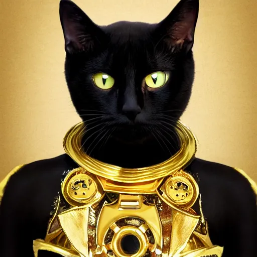 Prompt: a black cat wearing a gold armor outfit, a character portrait by hanns katz, shutterstock contest winner, afrofuturism, sci - fi, creative commons attribution, toonami