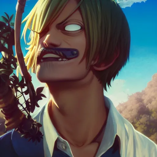 Image similar to highly detailed vfx portrait of bored sanji by eiichiro oda, stephen bliss, greg rutkowski, rhads, makoto shinkai, tom bagshaw, alphonse mucha, sharp focus, art by artgerm, greg rutkowski, stanley kubrick, backlit, harsh overhead sunlight, matte, johannes vermeer,