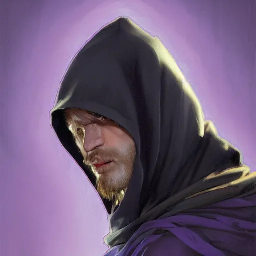 Image similar to ultra realistic illustration, man in a black hood, in a striped purple balaclava, mysterious, highly detailed, digital painting, artstation, concept art, smooth, sharp focus, illustration, art by artgerm and greg rutkowski and alphonse mucha