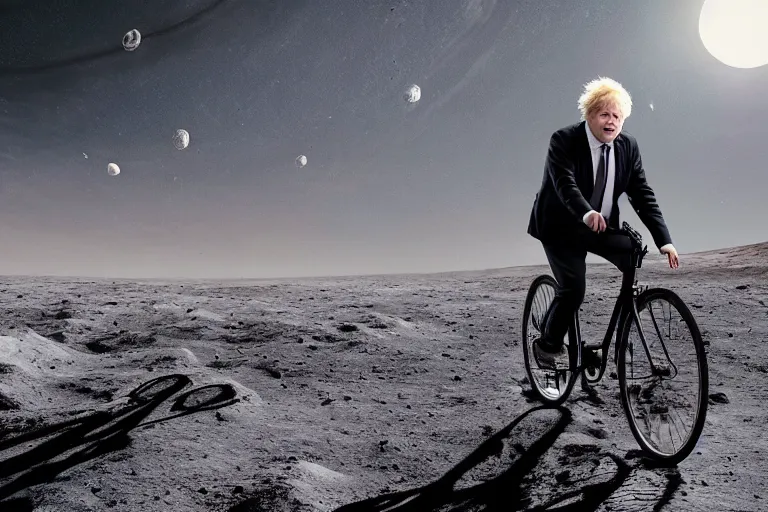 Image similar to A professional photo of Boris Johnson riding a bicycle on the moon; high-quality, dramatic lighting, extremely high detail, trending on artstation