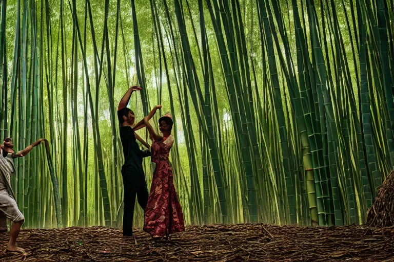 Image similar to cinematography closeup portrait of couple dancing in a bamboo forest, thin flowing fabric, audience of monkeys, natural light by Emmanuel Lubezki