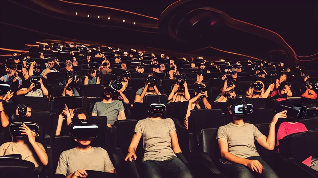 Image similar to people in a busy very dark movie theatre, all of they are wearing vr headsets with art direction by salvador dali, wide lens