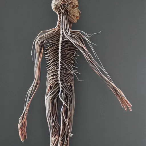 Image similar to realistic anatomically correct detailed wire sculpture of the human nervous system