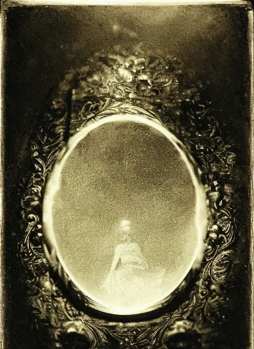 Image similar to old wetplate daguerreotype birth of artificial futuristic embryo cyborg life shot in the reflection of window, fractal, intricate, elegant, highly detailed, parallax, leica, medium format, subsurface scattering, by jheronimus bosch and greg rutkowski and louis jacques mande daguerre