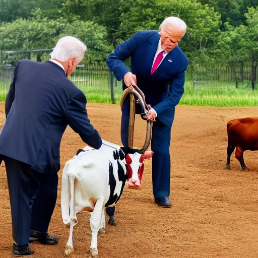 Image similar to president biden milking a cow, ultra realistic, 8 k, ultra details, highly detailed face, sharp focus