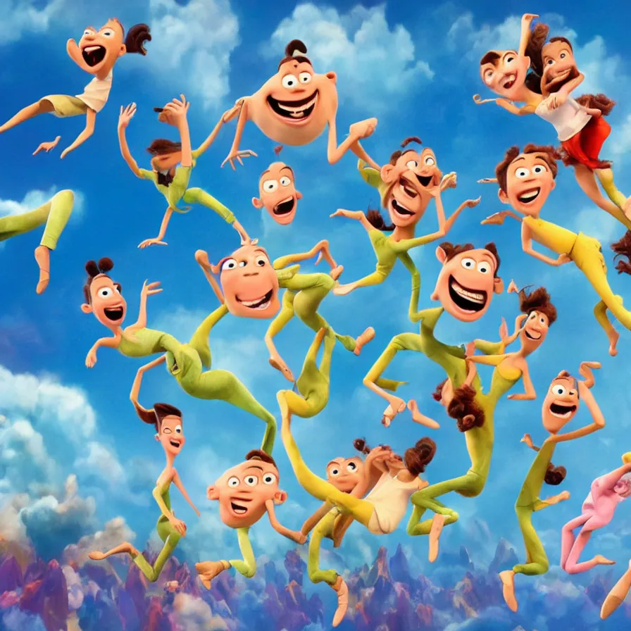 Prompt: full body shot of dancers dancing on the clouds, 3 d animated pixar!! illumination studios animated movie by pete docter, extremely happy smiling and eerie smiles, slimy fluid liquid