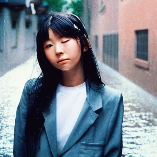 Image similar to 1990s perfect 8K HD professional cinematic photo of close-up japanese schoolgirl posing in sci-fi dystopian alleyway at morning during rain, at instagram, Behance, Adobe Lightroom, with instagram filters, depth of field, taken with polaroid kodak portra