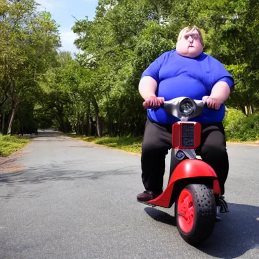 Image similar to incredibly morbidly obese american with severe diabetes riding on a ride - on - scooter