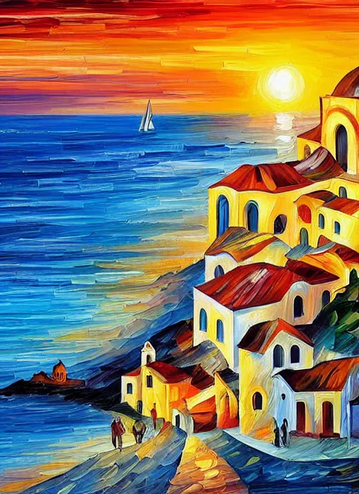 Prompt: beautiful seaside greek village and church at sunset in the style of leonid afremov