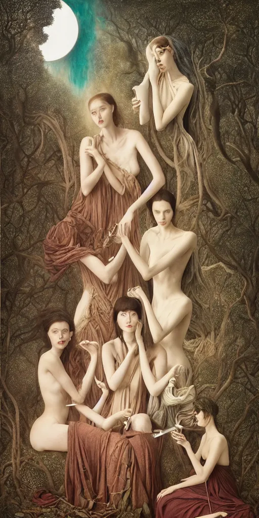 Prompt: the three fates cutting threads with scissors, forest, moonlight, gemma chen, madison beer, angela sarafyan, pinup, intricate beautiful faces, surrealistic painting by agostino arrivabene, artgerm, vanessa beecroft, anka zhuravleva, mary jane ansell, peter mohbacher, gerald brom