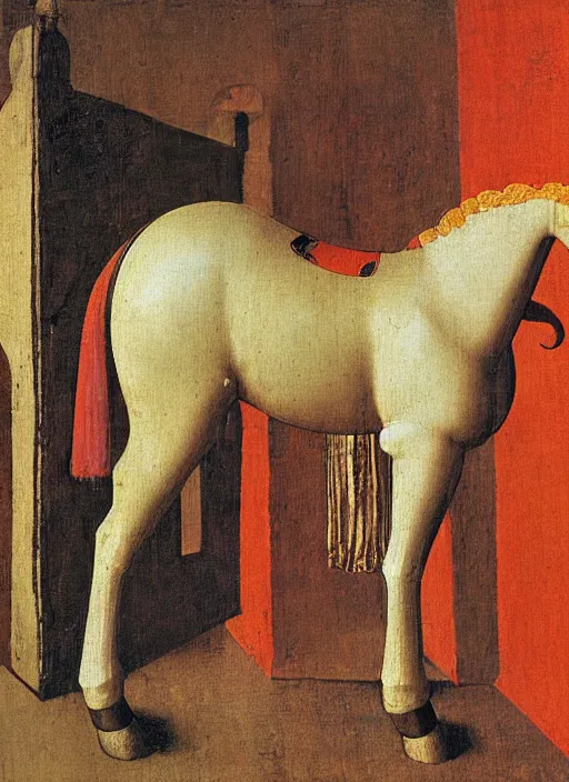 Prompt: wooden horse toy, medieval painting by jan van eyck, johannes vermeer, florence