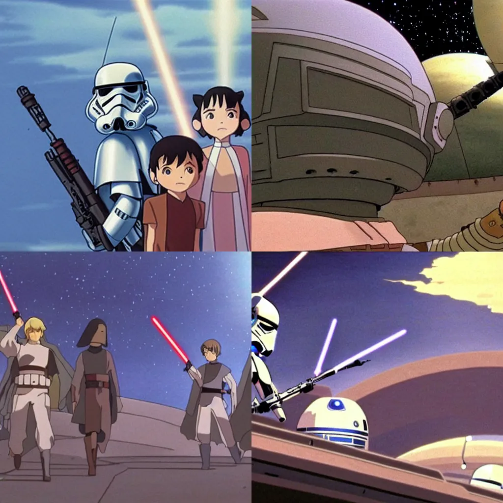 Prompt: Star Wars, a still from a studio Ghibli anime movie.