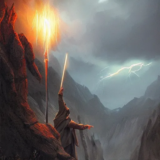 Image similar to gandalf casts a lightningbolt on saruman, wizardbattle, dramatic light, night, thunderclouds, fantasy background, painted by stanley lau, painted by greg rutkowski, painted by stanley artgerm, digital art, trending on artstation