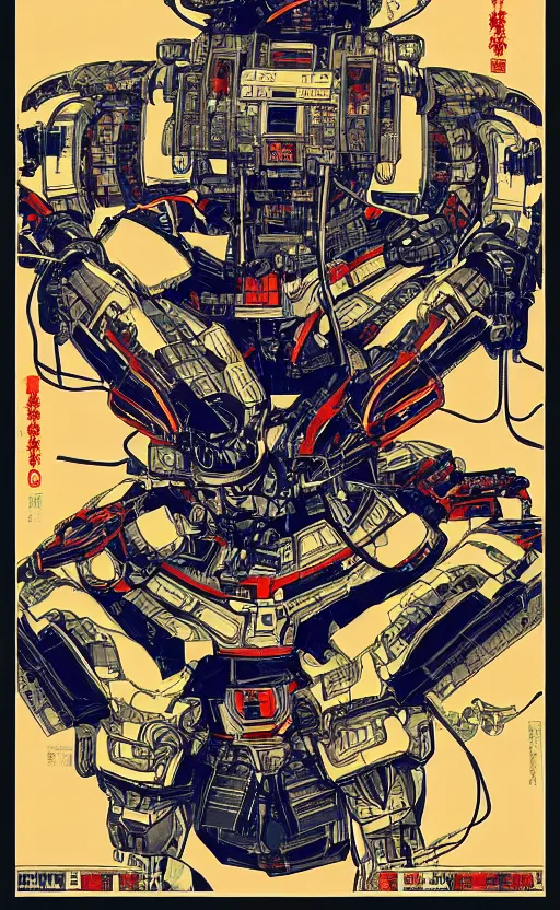 Prompt: upper half portrait of army mecha robot - wires and vines as poster design borders, art by utagawa kunisada, highly detailed, digital painting, concept art, illustration, smooth sharp focus, intricate, symmetry, artstation, colourful,