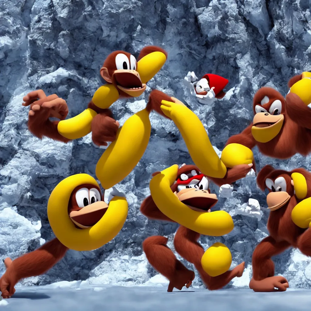 Image similar to donkey kong eating a banana in antarctica fighting sonic the hedgehog, unreal engine, 4 k, ray - tracing,