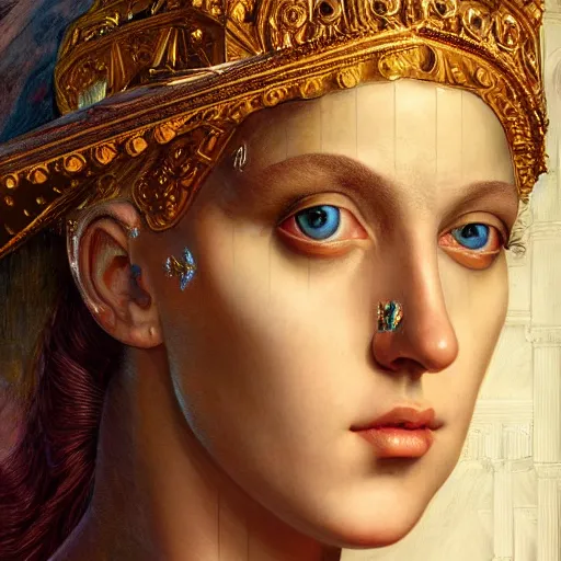 Prompt: masterpiece baroque neoclassicist closeup renaissance portrait of an art deco android priestess, glowing eyes. reflective detailed textures, highly detailed fantasy science fiction painting by moebius, magali villeneuve, annie swynnerton, norman rockwell and saturno butto and jean delville, elaborate geometric ornament, cool colors. artstation