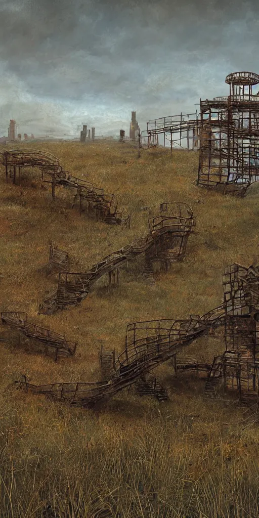 Image similar to rusty broken building constructions of a giant spiral upside - down staircase for multiple cases, leading to the sky, the ruins, in the steppe, autumn field, misty background, from the game pathologic 2, highly detailed, sharp focus, matte painting, by isaac levitan and asher brown durand,