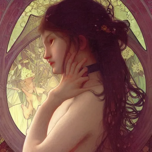 Prompt: lucid dreaming of a faceless girl bleeding into a mirror, intricate, art by artgerm and greg rutkowski and alphonse mucha and william - adolphe bouguereau, high detailed, 4 k,