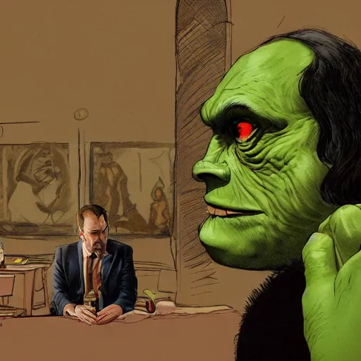 Image similar to two men having a conversation in the foreground being watched by a ffat, green orc in the background, kubrick stare, digital art