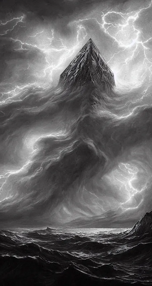 Image similar to black lovecraftian eldritch!! obsidian pyramid!! on a snowy island surrounded by raging stormy seas, with a large shadow of a creature in the background by eugene von guerard, ivan shishkin, night, red lightning!!, storm!, dramatic lighting, concept art, trending on artstation, 8 k