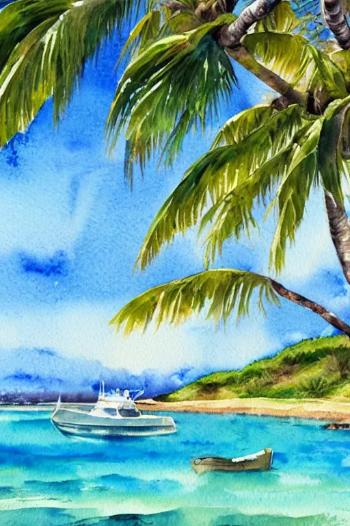 Image similar to watercolor painting of realistic hawaii coast, summer period with boats, watercolor, tonal colors, natural lighting, blue.