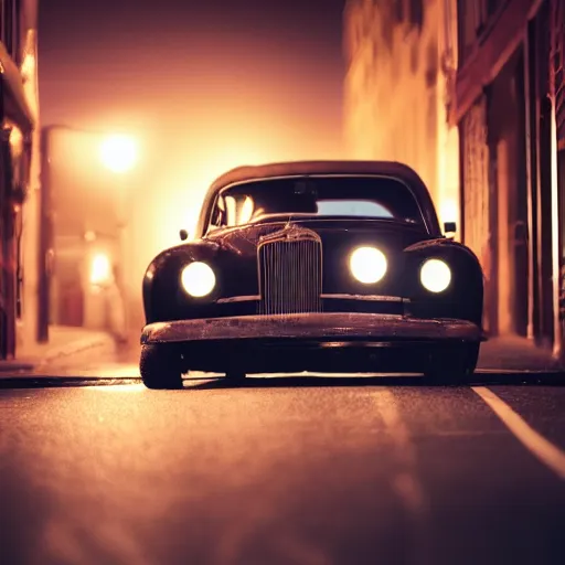 Prompt: old timer car on a street at night, ultra realistic, 8 k, beautiful