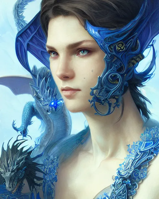 Image similar to Portrait of a Fantasy azure dragon hunter, HD, illustration, epic, D&D, fantasy, intricate, elegant, highly detailed, digital painting, artstation, concept art, smooth, sharp focus, illustration, art by artgerm and greg rutkowski and alphonse mucha