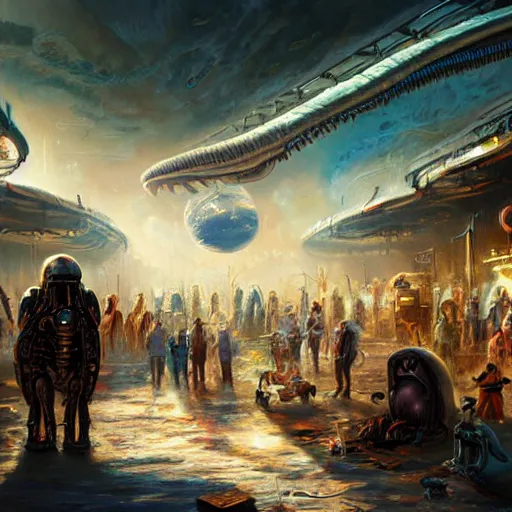 Image similar to flea market in another galaxy, fantastic plot, alien creatures, beautiful fantasy detailed trending on artstation, oil painting, dramatic lighting, eterea, high quality print, fine art with subtle redshift rendering