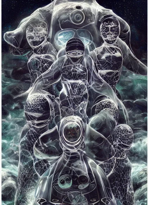 Image similar to symmetrical astronauts in dark and empty void underwater - complex and hyperdetailed technical suit. reflection and dispersion materials. rays and dispersion of light. volumetric light. 5 0 mm, f / 3 2. noise film photo. flash photography. ultra realistic, wide angle. poster by wayne barlowe, hajime sorayama aaron horkey, craig mullins