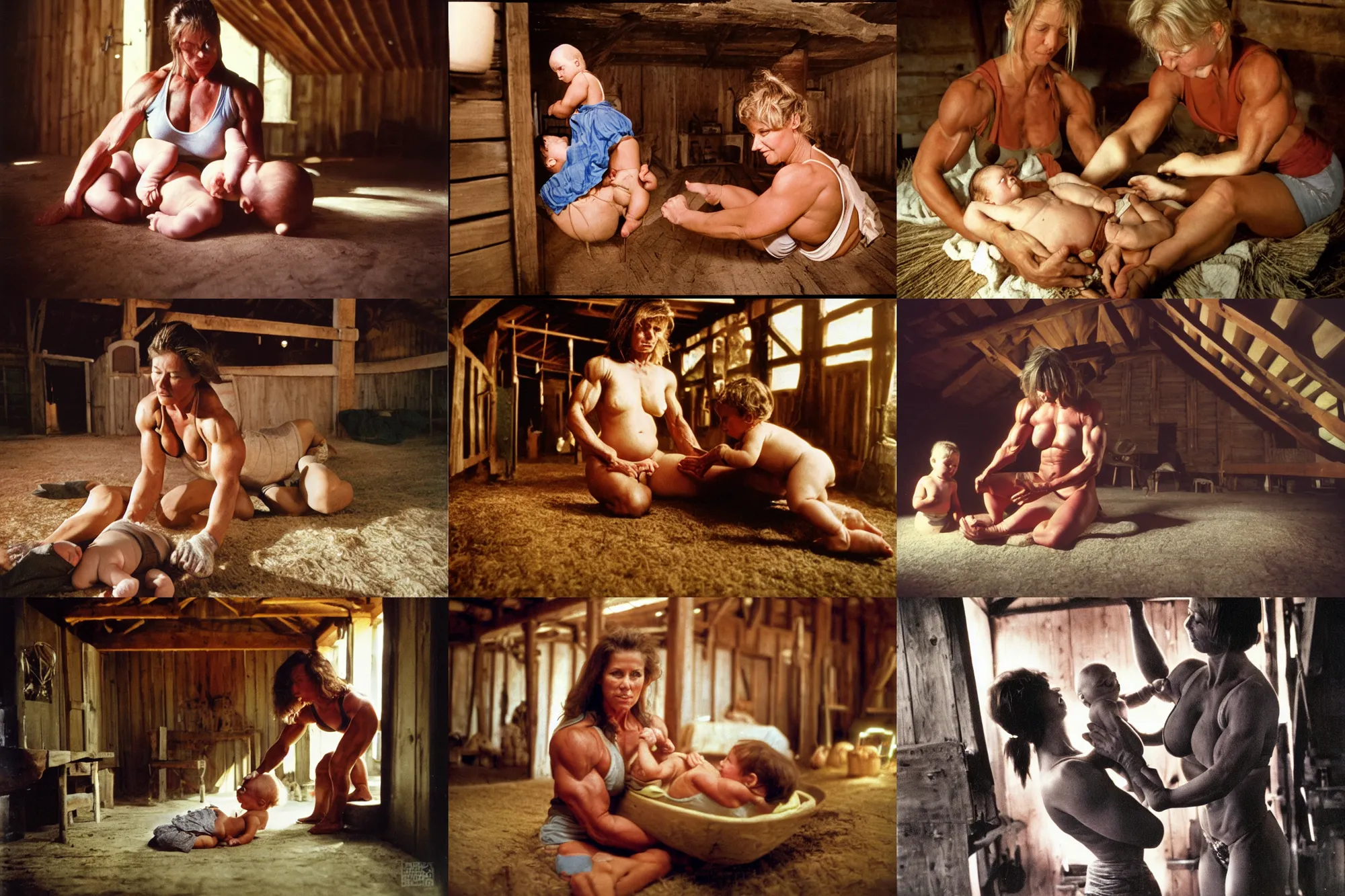 Prompt: color photograph portrait of a muscular woman tending a large baby in a barn. night, summer, warm lighting, 1 9 9 0 photographs from life magazine.