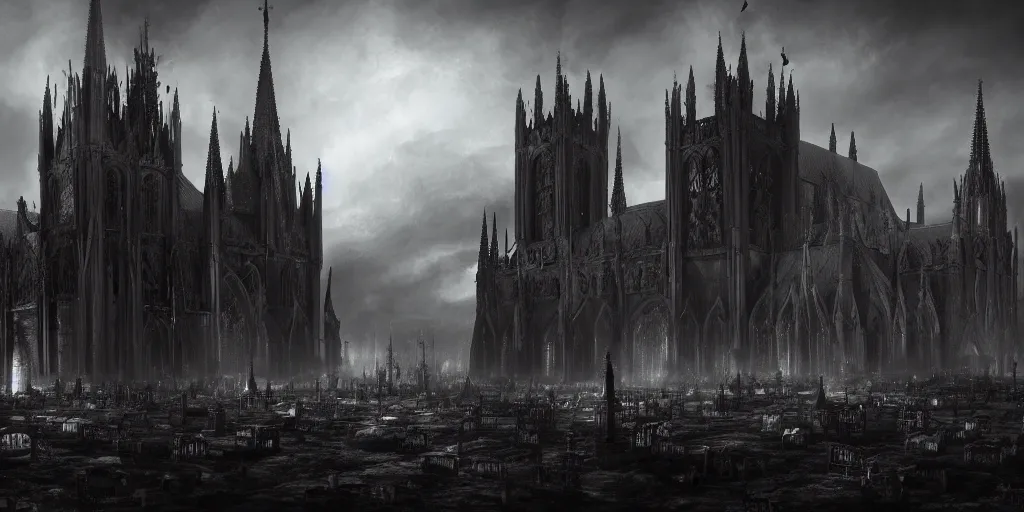 Image similar to a dark fantasy landscape with a Gothic Cathedral with a cemetary, wide angle, super highly detailed, professional digital painting, artstation, concept art, smooth, sharp focus, no blur, no dof, extreme illustration, Unreal Engine 5, Photorealism, HD quality, 8k resolution, cinema 4d, 3D, beautiful, cinematic, art by artgerm and greg rutkowski and alphonse mucha and loish and WLOP