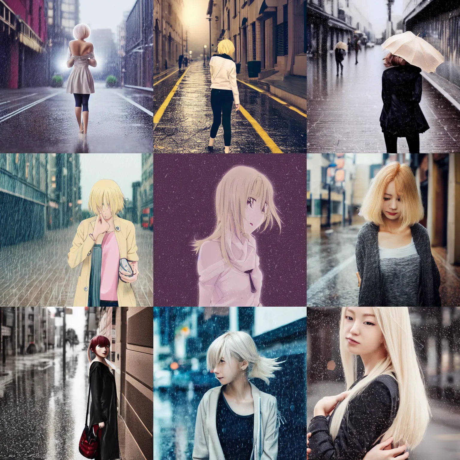 Prompt: high quality anime-style image of a woman in her 20s, light blonde shoulder-length hair, rainy urban streets, 8k