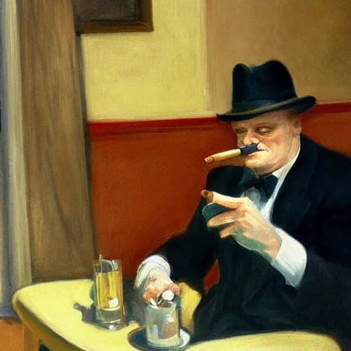 Image similar to A portrait of James Cagney smoking a cigar in a busy hotel lobby, painting by Edward Hopper and John Singer Sargent