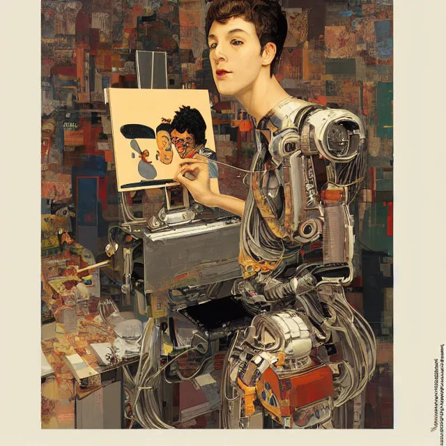 Image similar to robot artist painting a self - portrait on a canvas. intricate, highly detailed, digital matte painting, in the style of alexandros pyromallis, and in the style of sachin teng, and in the style of hans thoma, and in the style of robert mcginnis. irony, recursion, inspiration.