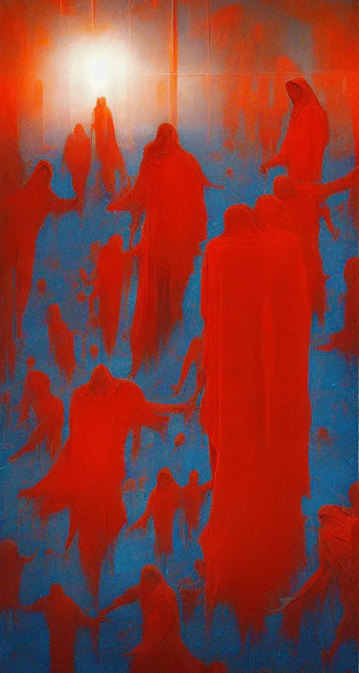 Prompt: worshippers in red robes huddled around a very complex gigantic reflective glowing glass crystal tesseract orb violently illuminating a small room, very bright white light, small room, enlightening, high detailed beksinski painting, part by adrian ghenie and gerhard richter. masterpiece, deep colours, blue, bright white