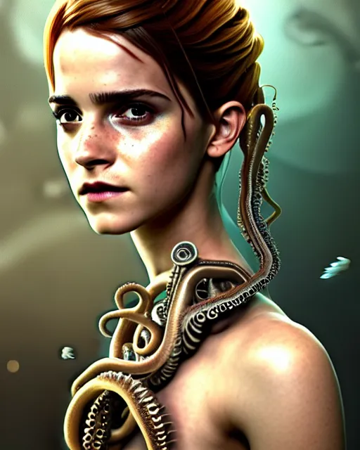 Image similar to underwater steampunk biopunk portrait of emma watson, octopus, au naturel, hyper detailed, digital art, trending in artstation, cinematic lighting, studio quality, smooth render, unreal engine 5 rendered, octane rendered, art style by klimt and nixeu and ian sprigger and wlop and krenz cushart.