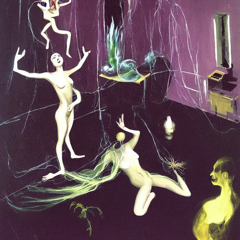 Image similar to One man and one woman attached by love in a living room of a house, floating dark energy surrounds the middle of the room. There is one living room plant to the side of the room, surrounded by a background of dark cyber mystic alchemical transmutation heavenless realm, cover artwork by francis bacon and Jenny seville, midnight hour, part by adrian ghenie, part by jeffrey smith, part by josan gonzales, part by norman rockwell, part by phil hale, part by kim dorland, palette knife texture, smudged paint, muted cold colors, artstation, highly detailed