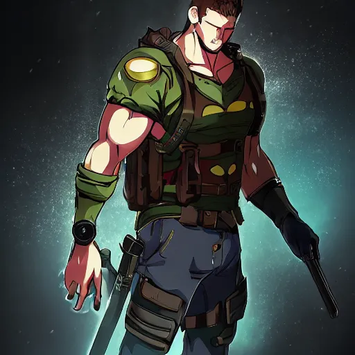 Prompt: portrait of chris redfield wielding the magic element of boulder, anime fantasy illustration by tomoyuki yamasaki, kyoto studio, madhouse, ufotable, trending on artstation