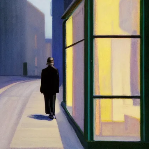 Image similar to a lonely man walking down the street in the style of Edward Hopper, 4k,