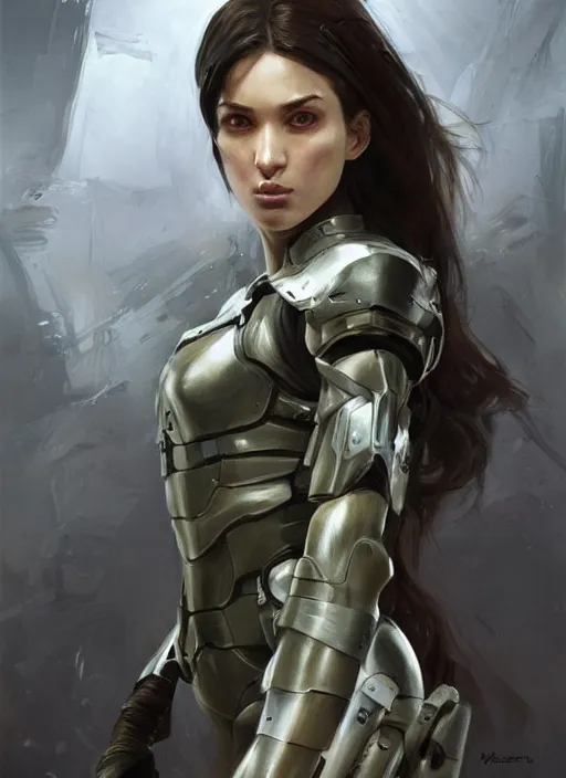 Prompt: a professional painting of a beautiful young female, clothed in stealthy military armor, olive skin, long dark hair, beautiful bone structure, symmetrical facial features, intricate, elegant, digital painting, concept art, smooth, sharp focus, illustration, from Metal Gear, by Ruan Jia and Mandy Jurgens and Artgerm and William-Adolphe Bouguerea