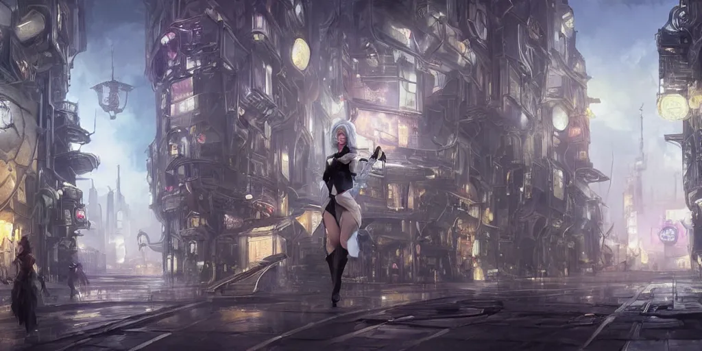 Prompt: beautiful concept art of lunar cyberpunk city showing a beautiful ciri from the witcher with long platinum blonde hair in the distance, two - side up and cat ears standing in a black gothic frilly dress in the distant, jodhpurs greg manchess painting by sargent and leyendecker, studio ghibli fantasy close - asymmetrical intricate elegant matte painting illustration hearthstone, by greg rutkowski