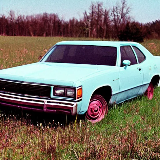 Prompt: A photograph of a beater beater beater beater beater abandoned abandoned abandoned 1976 Powder Blue Dodge Aspen in a farm field, photograph taken in 1989