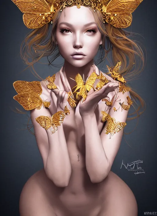 Prompt: studio portrait of beautiful model with fantasy golden butterfly body art and crown, gorgeous, elegant, an ultrafine hyperdetailed illustration by kim jung gi, irakli nadar, artgerm, intricate linework, octopath traveler, final fantasy, unreal engine 5 highly rendered, global illumination, radiant light