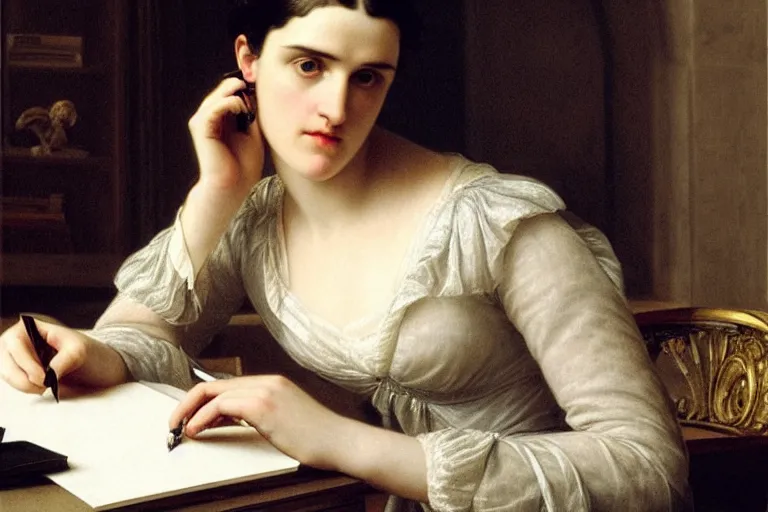 Image similar to 1 8 1 0 s katie mcgrath writing at her desk by vittorio reggianini, bright lighting, perfectly detailed eyes, beautiful hands, pale skin, clear face