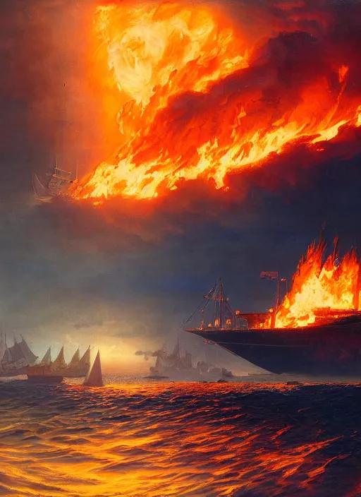 Prompt: painting of a ship burning in heavy flames in the middle of the ocean, a detailed matte painting by vilhelm lundstrøm, cgsociety, neo - romanticism, chillwave, matte drawing, official art