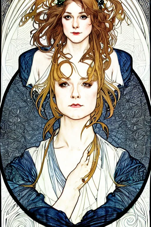 Image similar to in the style of artgerm, arthur rackham, alphonse mucha, evan rachel wood, symmetrical eyes, symmetrical face, flowing white dress