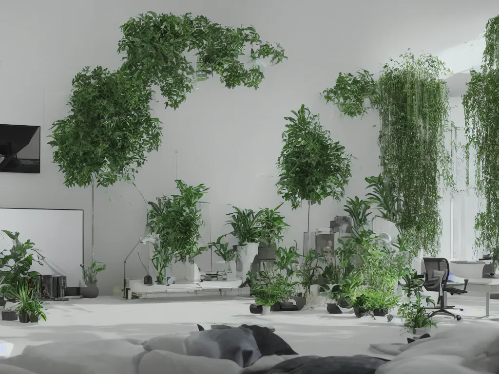 Prompt: A modern indoor music studio, clean architecture, some plants, peaceful, 8K octane render