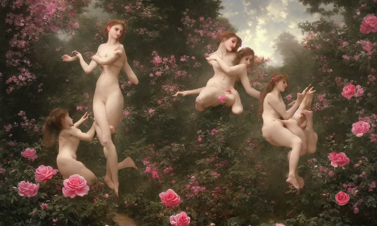 Image similar to a luminous springtime fairytale of beautiful realistic woman with a pretty face dancing with an iridescent dragon in a romantic rose garden. Neon light, masterpiece 4k digital illustration by Artgerm and William-Adolphe Bouguereau, award winning, Artstation, Gustave Dore\' background, intricate details, realistic, panoramic view, volumetric lighting, Hyperdetailed, 8k resolution, intricate art nouveau, golden hour, rendered in Unreal Engine 3